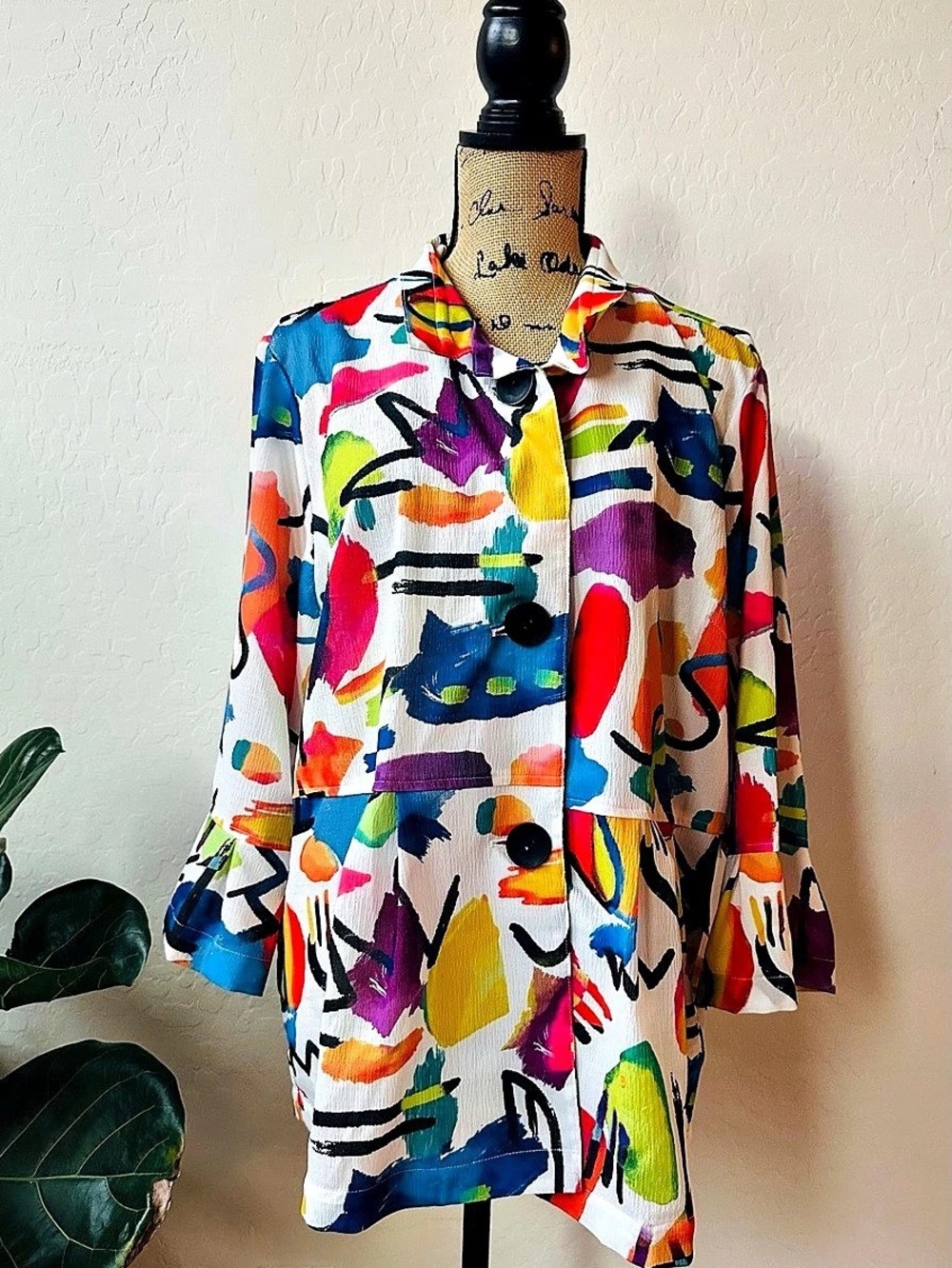 Ali Miles A2601JWV Abstract Print Blazer in White & Multicolor Size 1X NWT